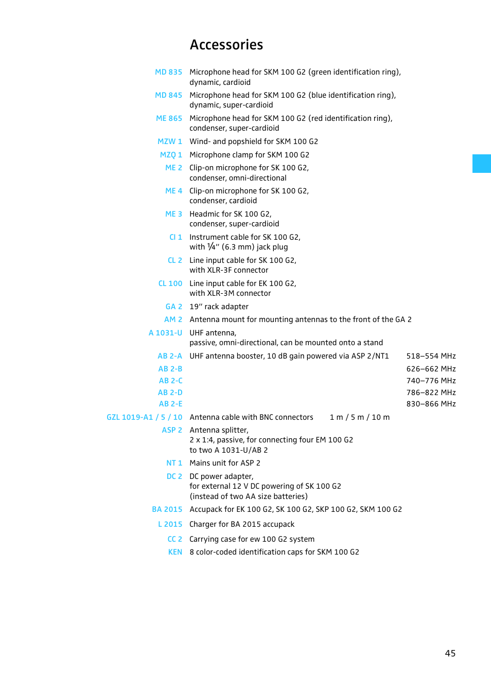 Accessories | Sennheiser EW100 G2 User Manual | Page 45 / 47