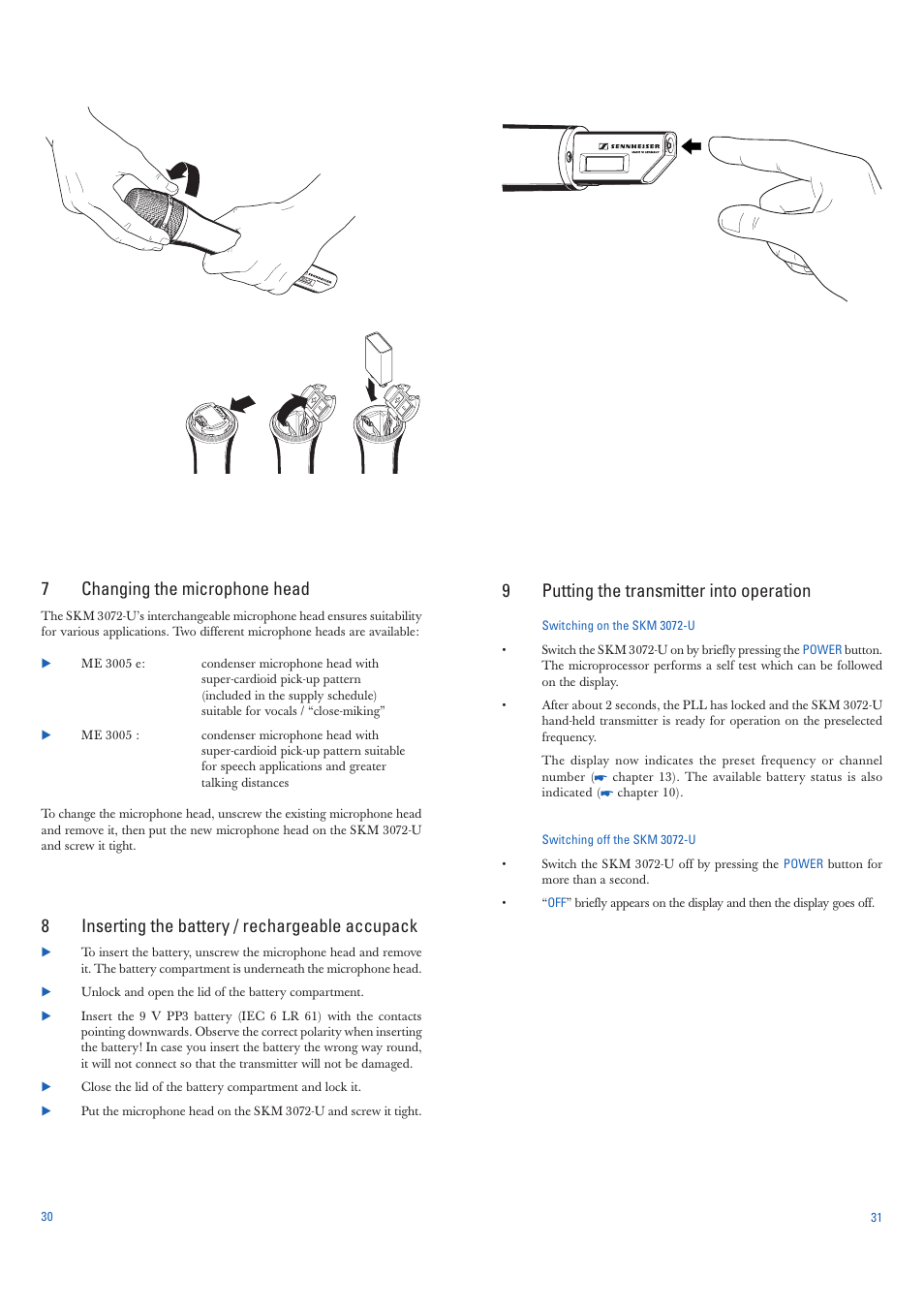 7changing the microphone head, 8inserting the battery / rechargeable accupack, 9putting the transmitter into operation | Sennheiser SKM 3072-U User Manual | Page 5 / 11