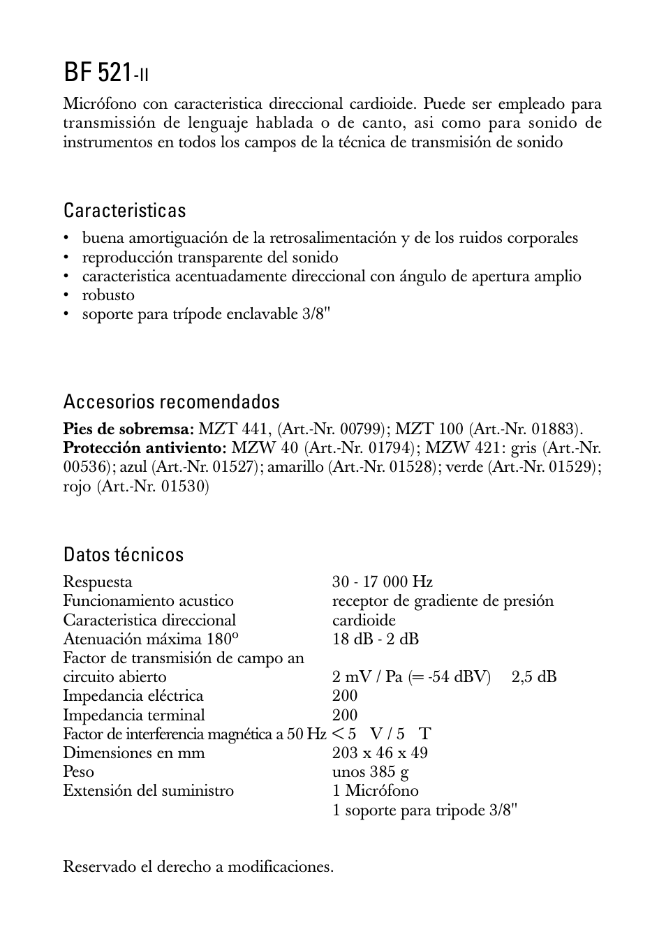 Instrucciones para el uso, Bf 521, Caracteristicas | Accesorios recomendados, Datos técnicos | Sennheiser BF 521-II User Manual | Page 6 / 12
