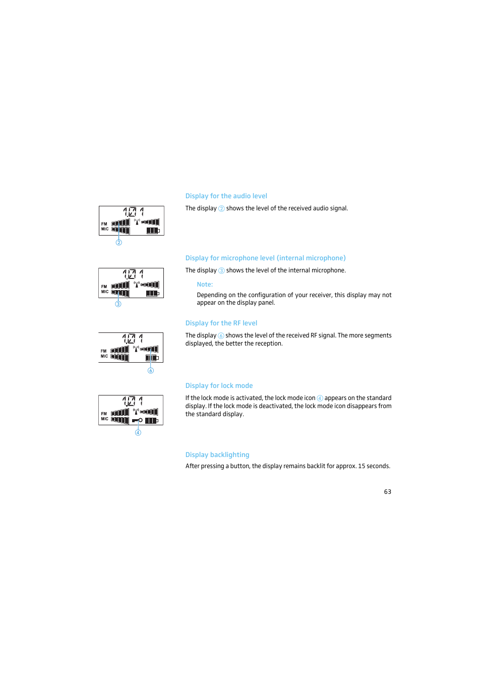 Display for the audio level, Display for microphone level (internal microphone), Display for the rf level | Display for lock mode, Display backlighting | Sennheiser 2015 User Manual | Page 11 / 61
