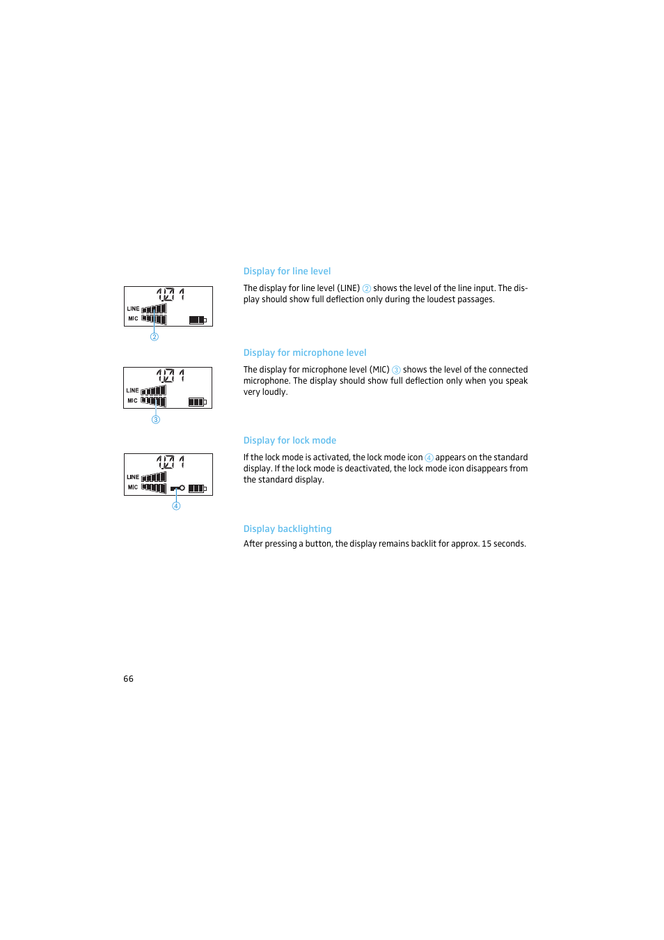 Display for line level, Display for microphone level, Display for lock mode | Display backlighting | Sennheiser 2015 User Manual | Page 14 / 61