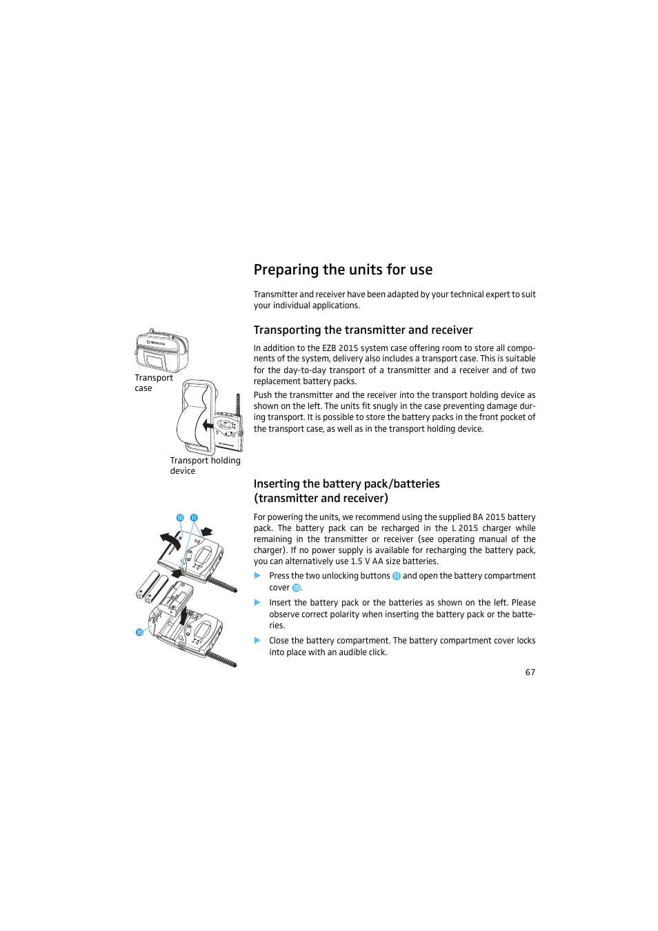Preparing the units for use, Transporting the transmitter and receiver | Sennheiser 2015 User Manual | Page 15 / 61