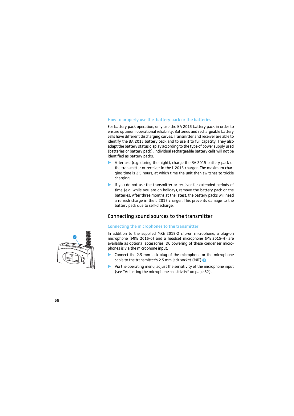Connecting sound sources to the transmitter, Connecting the microphones to the transmitter | Sennheiser 2015 User Manual | Page 16 / 61