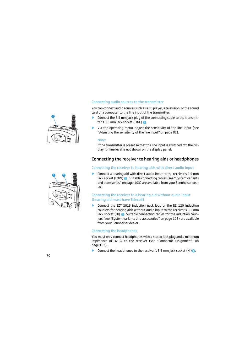 Connecting audio sources to the transmitter, Connecting the headphones | Sennheiser 2015 User Manual | Page 18 / 61