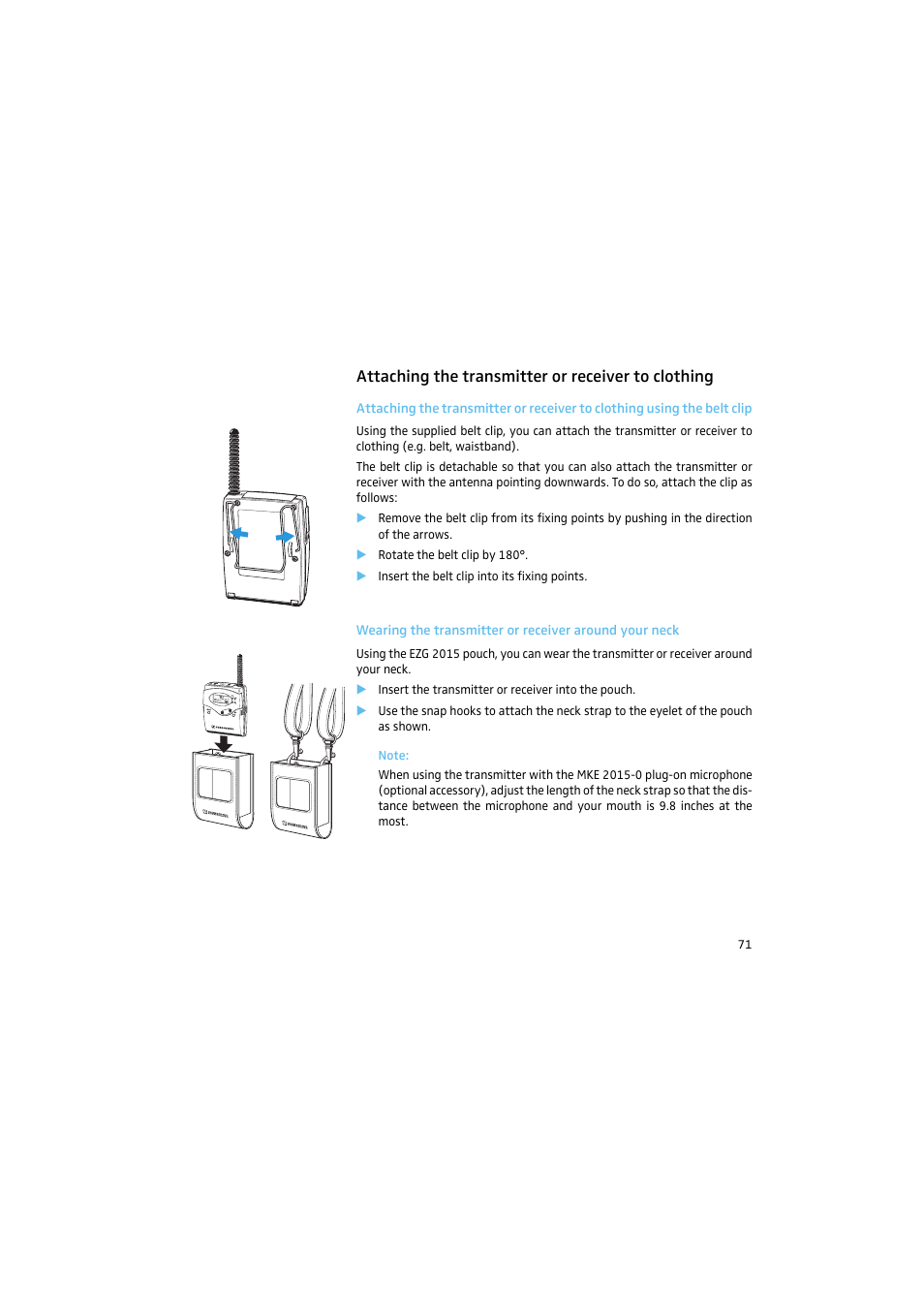 Attaching the transmitter or receiver to clothing | Sennheiser 2015 User Manual | Page 19 / 61