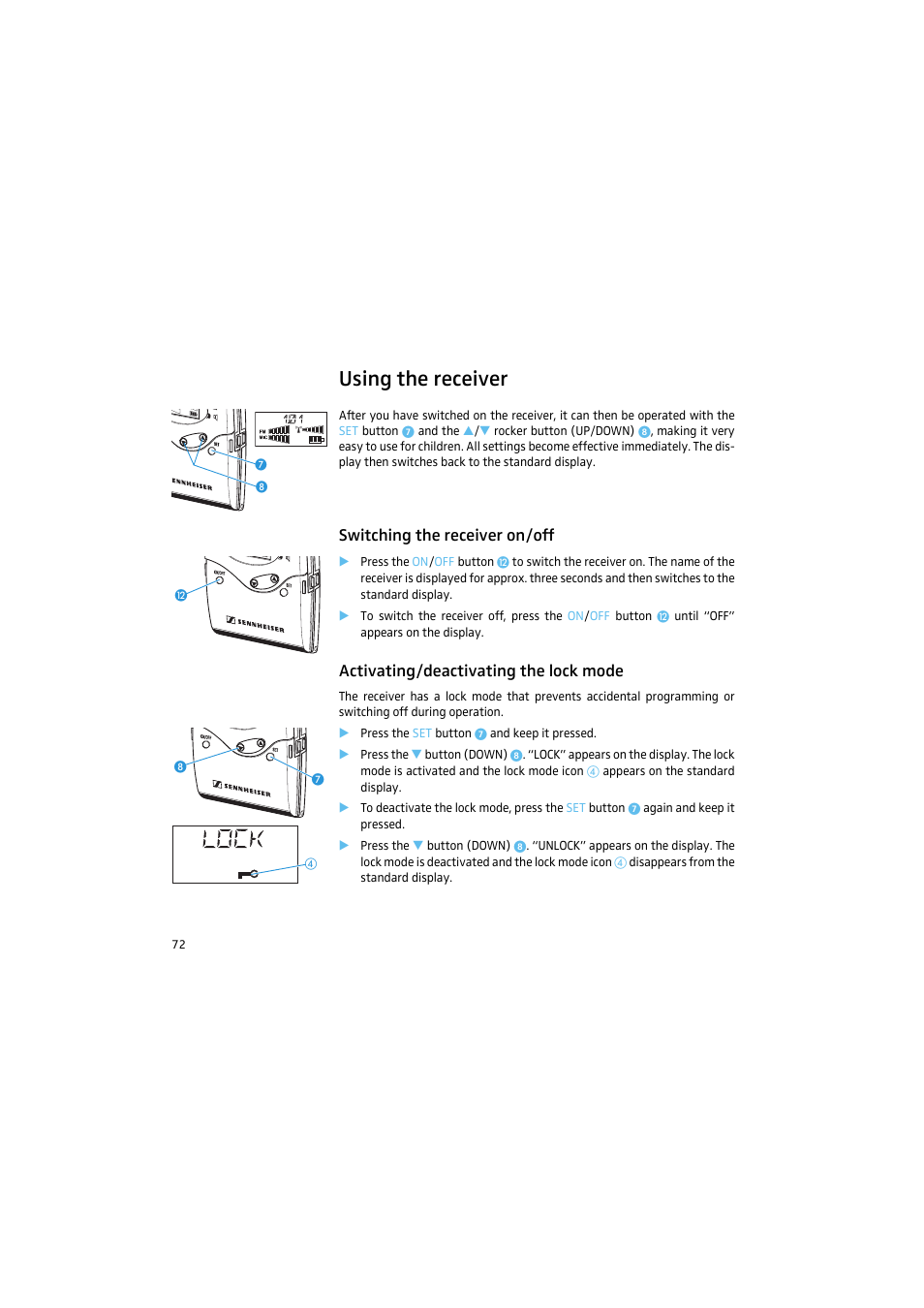 Using the receiver, Switching the receiver on/off, Activating/deactivating the lock mode | Sennheiser 2015 User Manual | Page 20 / 61