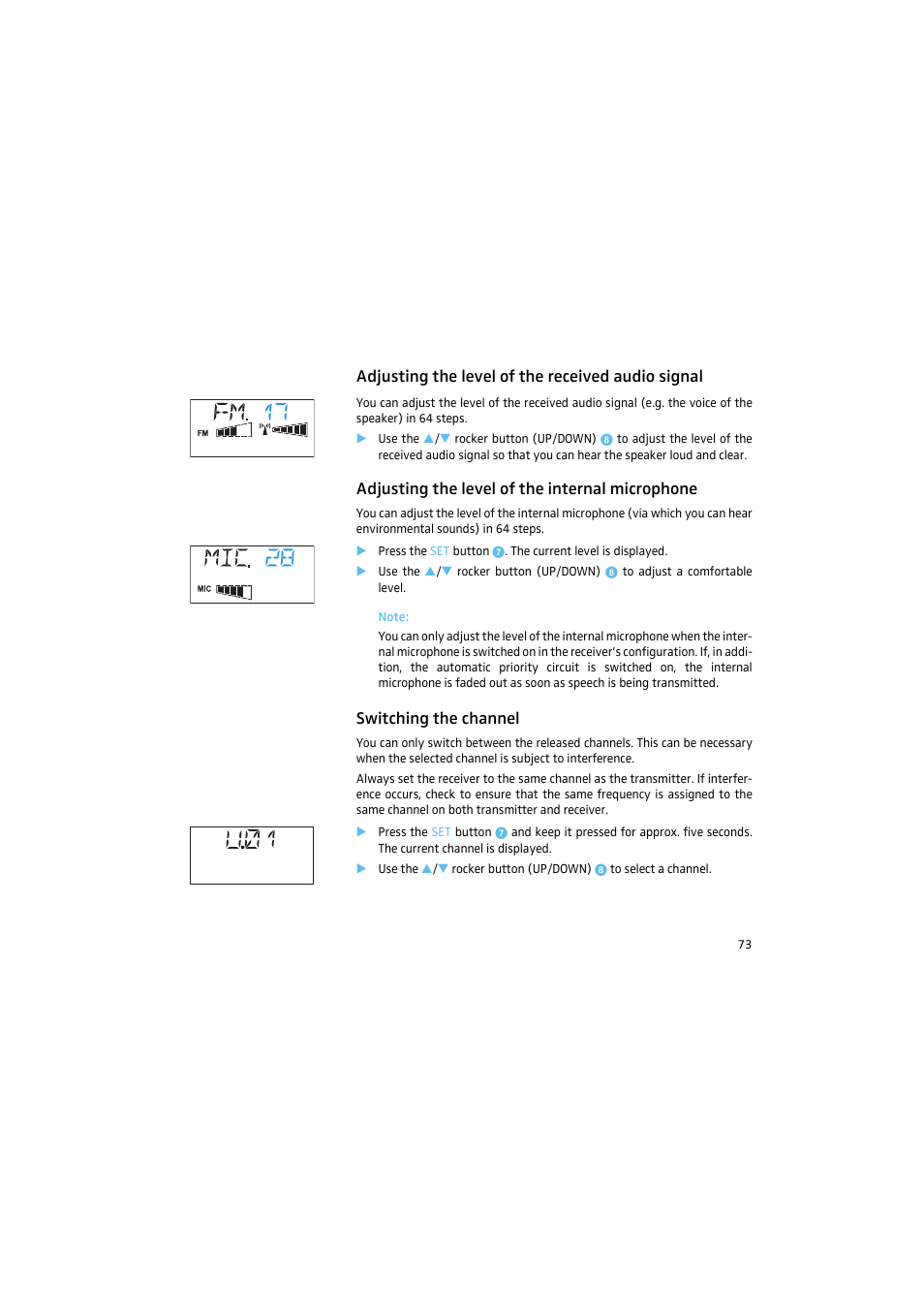 Adjusting the level of the received audio signal, Adjusting the level of the internal microphone, Switching the channel | Sennheiser 2015 User Manual | Page 21 / 61