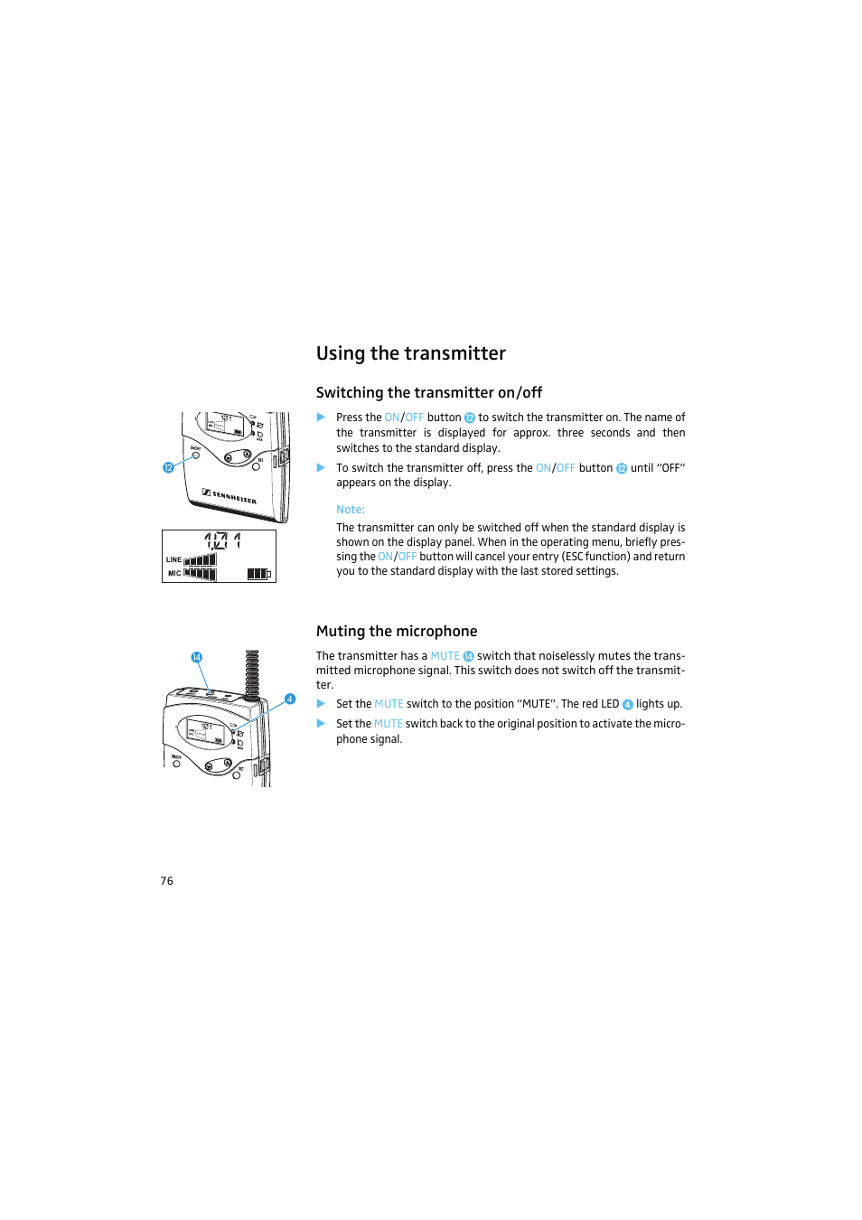 Using the transmitter, Switching the transmitter on/off, Muting the microphone | Sennheiser 2015 User Manual | Page 24 / 61
