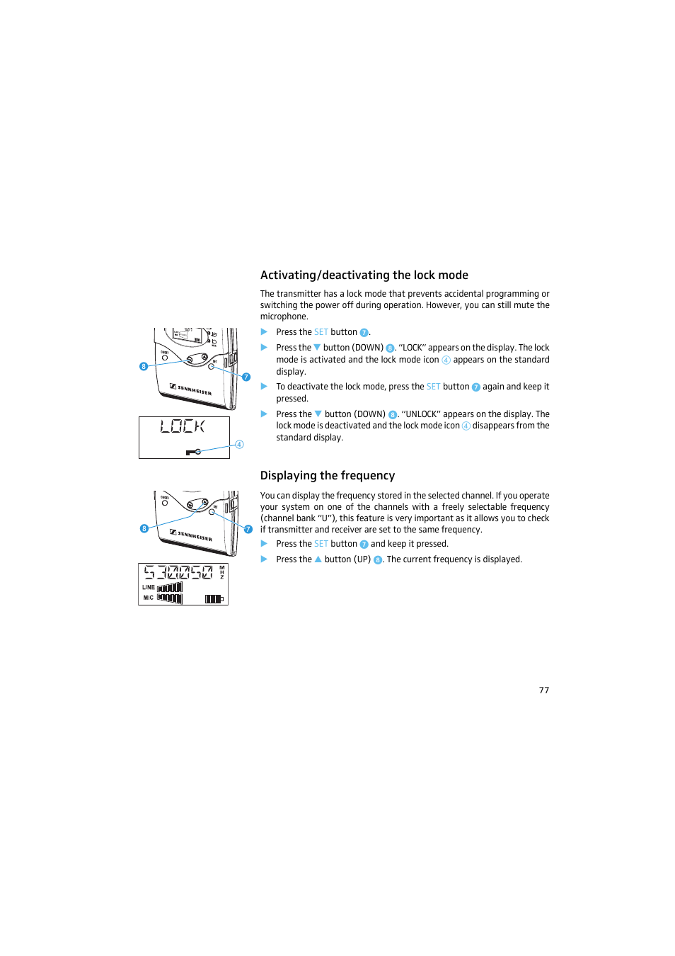 Activating/deactivating the lock mode, Displaying the frequency | Sennheiser 2015 User Manual | Page 25 / 61