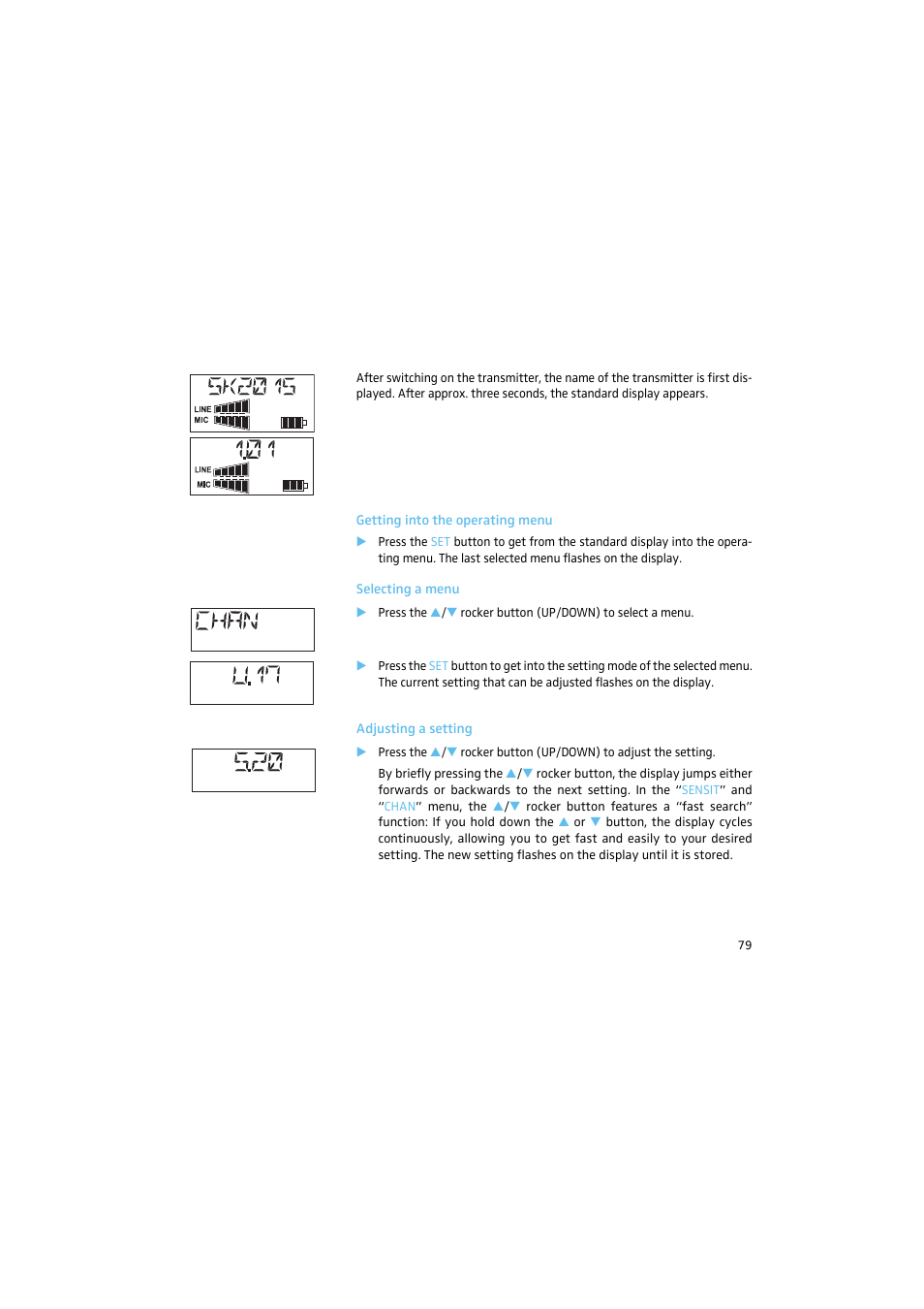 Getting into the operating menu, Selecting a menu, Adjusting a setting | Sennheiser 2015 User Manual | Page 27 / 61