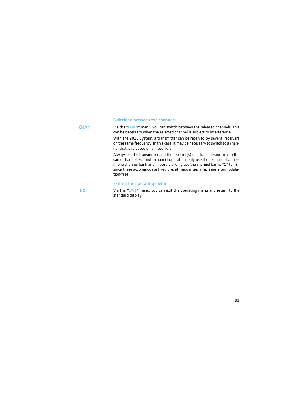 Switching between the channels, Exiting the operating menu | Sennheiser 2015 User Manual | Page 31 / 61