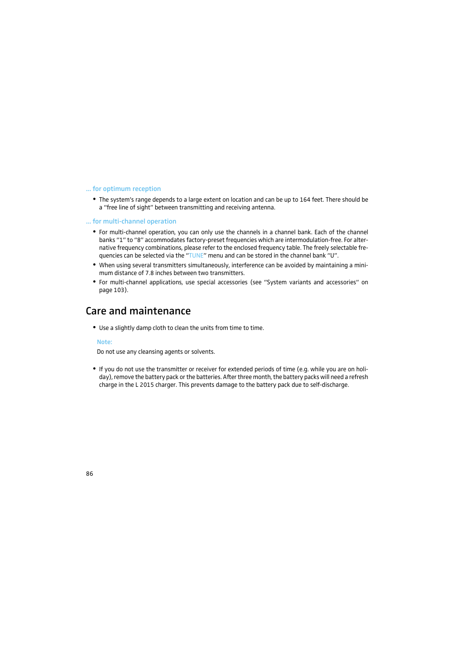 For optimum reception, For multi-channel operation, Care and maintenance | Sennheiser 2015 User Manual | Page 34 / 61