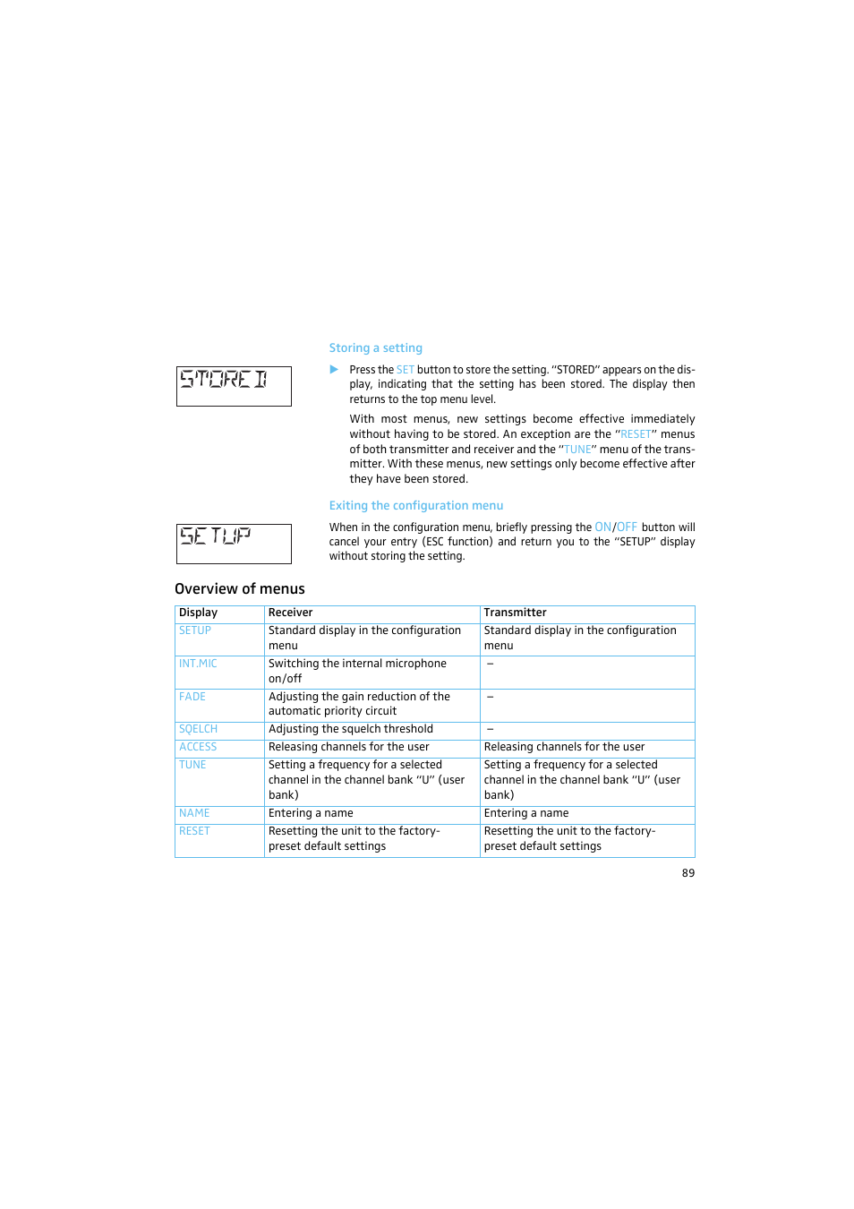 Storing a setting, Exiting the configuration menu, Overview of menus | Sennheiser 2015 User Manual | Page 37 / 61