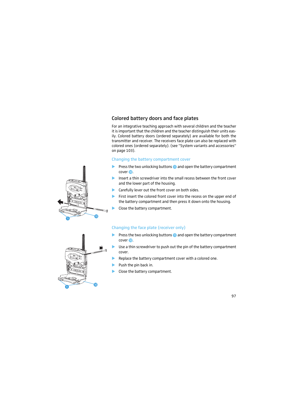 Colored battery doors and face plates, Changing the battery compartment cover, Changing the face plate (receiver only) | Sennheiser 2015 User Manual | Page 45 / 61