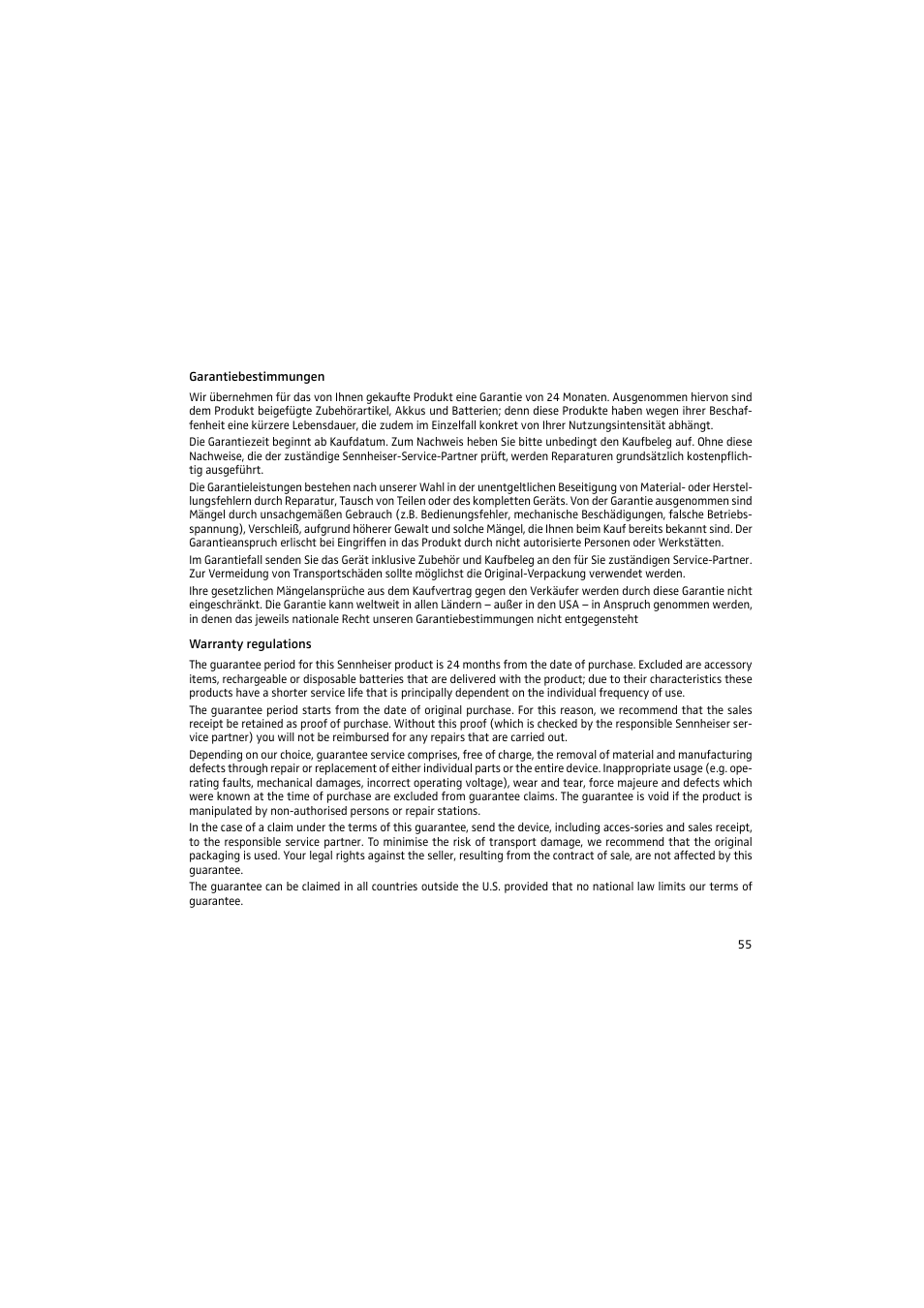 Garantiebestimmungen, Warranty regulations | Sennheiser 2015 User Manual | Page 53 / 61