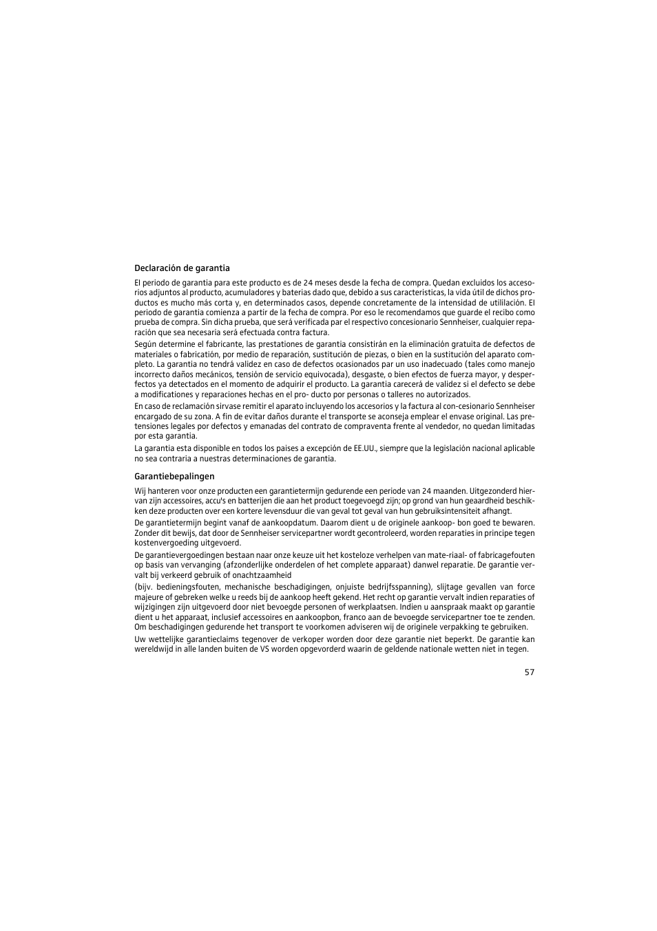 Declaración de garantia, Garantiebepalingen | Sennheiser 2015 User Manual | Page 55 / 61