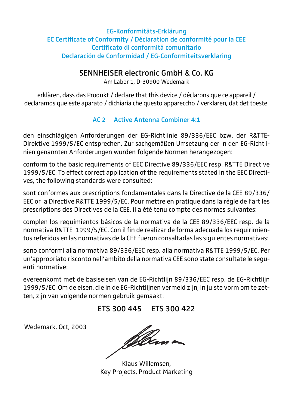 Ec certificate of conformity, Sennheiser electronic gmbh & co. kg | Sennheiser AC 2 User Manual | Page 10 / 12