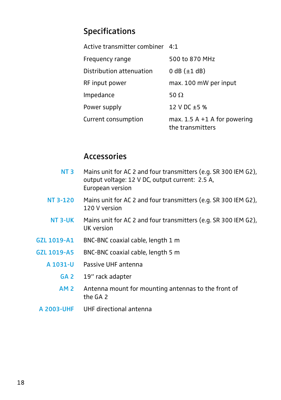 Specifications, Accessories | Sennheiser AC 2 User Manual | Page 8 / 12