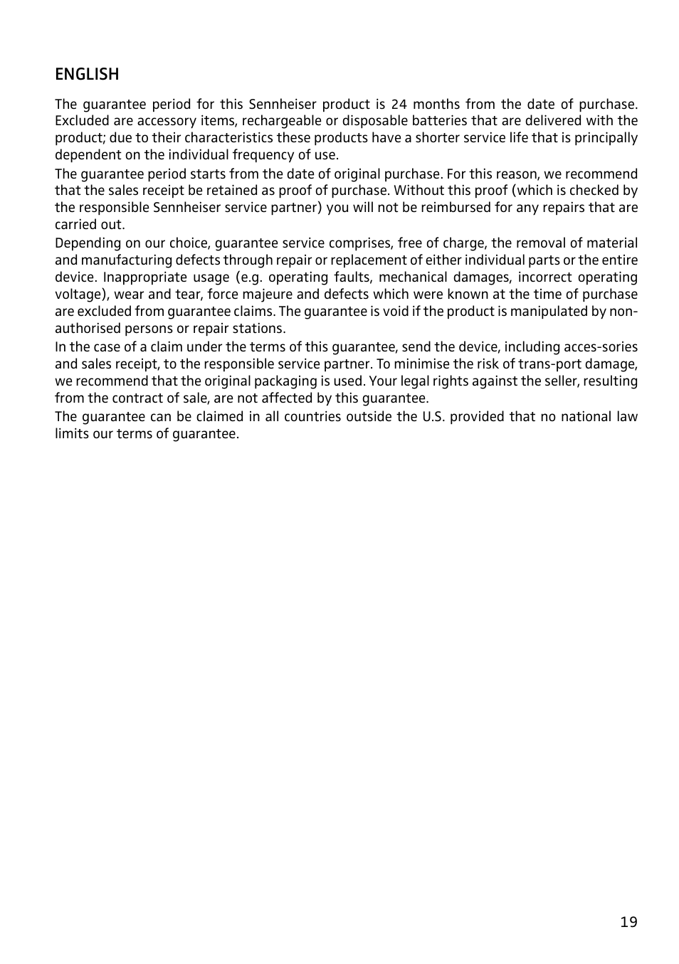 Guarantee | Sennheiser AC 2 User Manual | Page 9 / 12