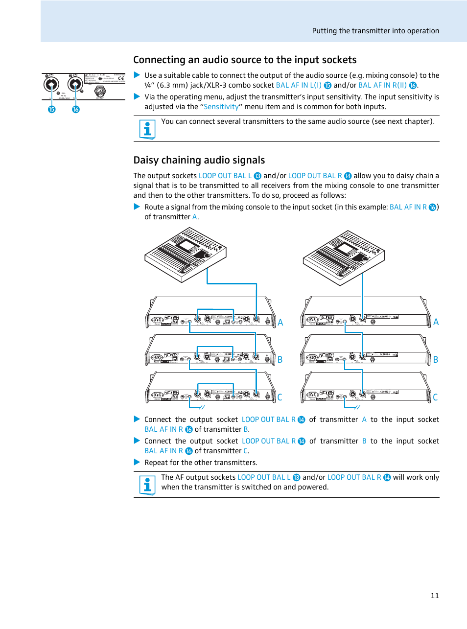 Connecting an audio source to the input sockets, Daisy chaining audio signals, Ab c | Sennheiser SR 2050 IEM User Manual | Page 12 / 29