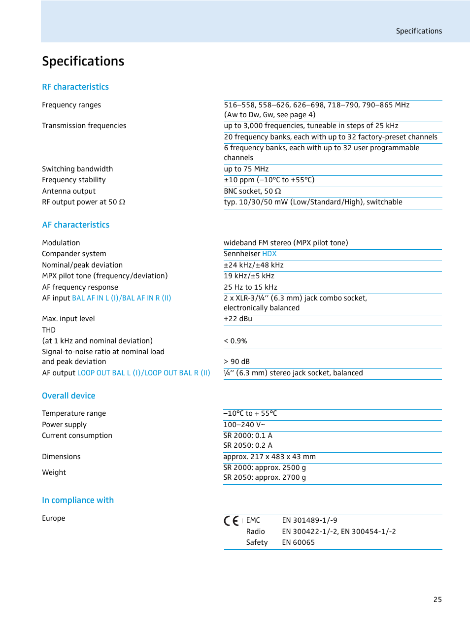 Specifications, Rf characteristics, Af characteristics | Overall device, In compliance with | Sennheiser SR 2050 IEM User Manual | Page 26 / 29