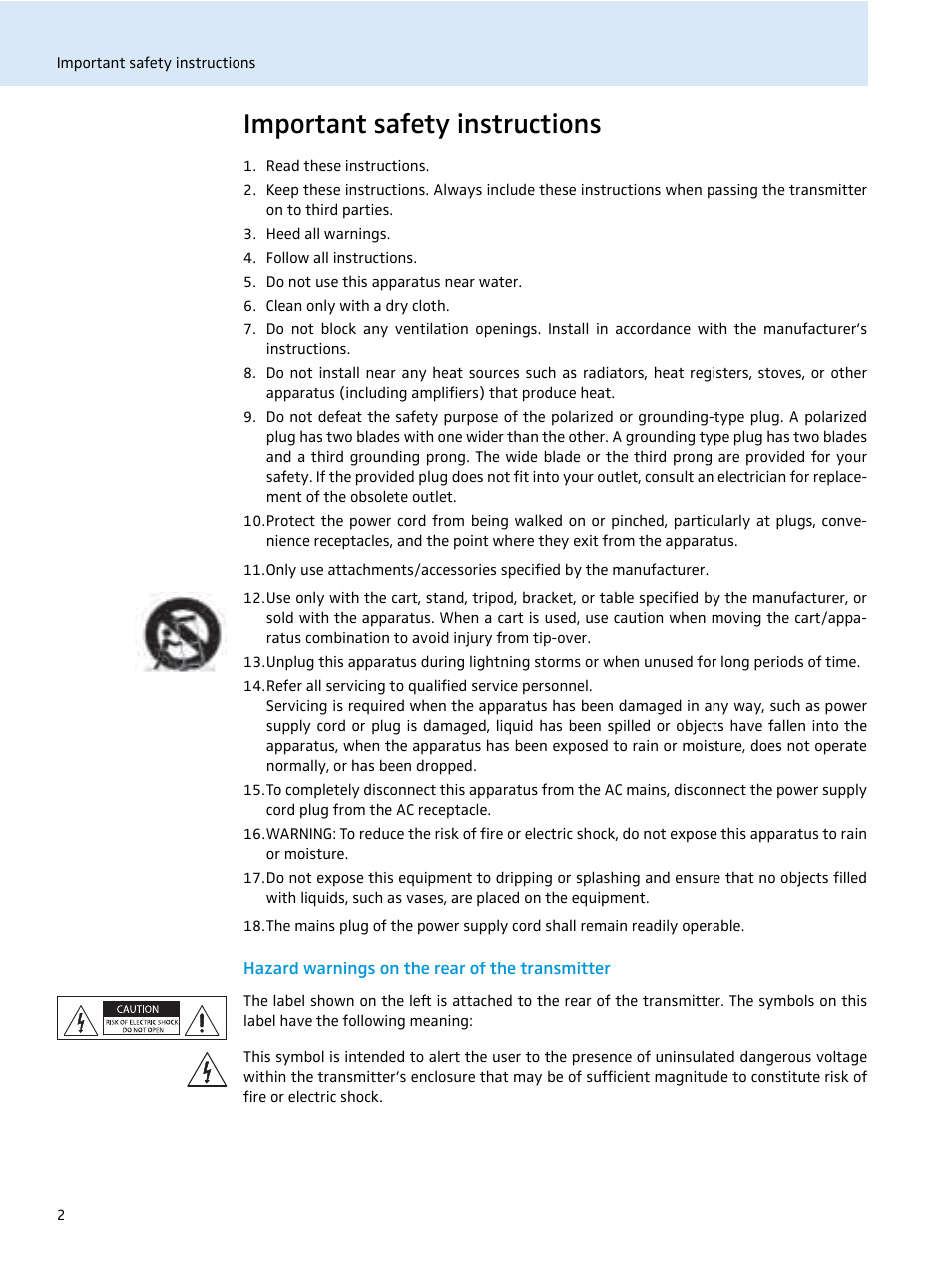 Important safety instructions, Hazard warnings on the rear of the transmitter | Sennheiser SR 2050 IEM User Manual | Page 3 / 29