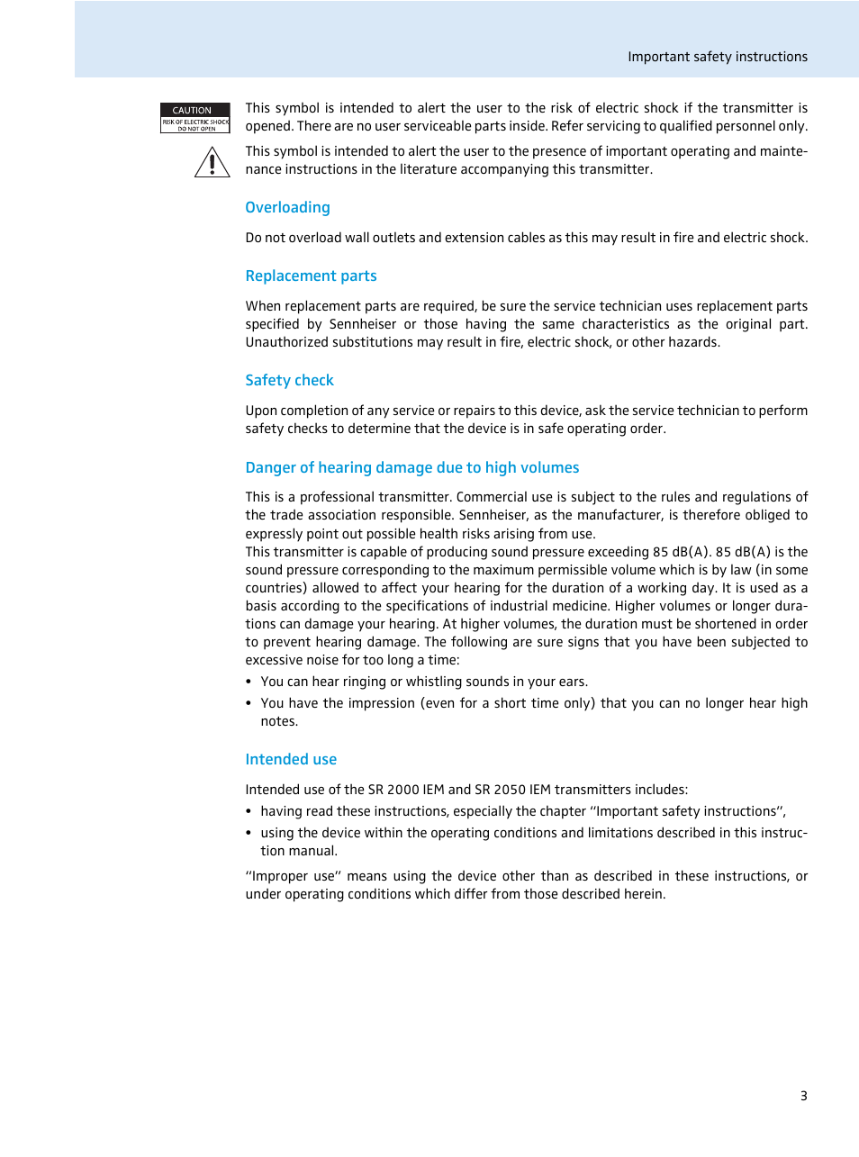 Overloading, Replacement parts, Safety check | Danger of hearing damage due to high volumes, Intended use | Sennheiser SR 2050 IEM User Manual | Page 4 / 29