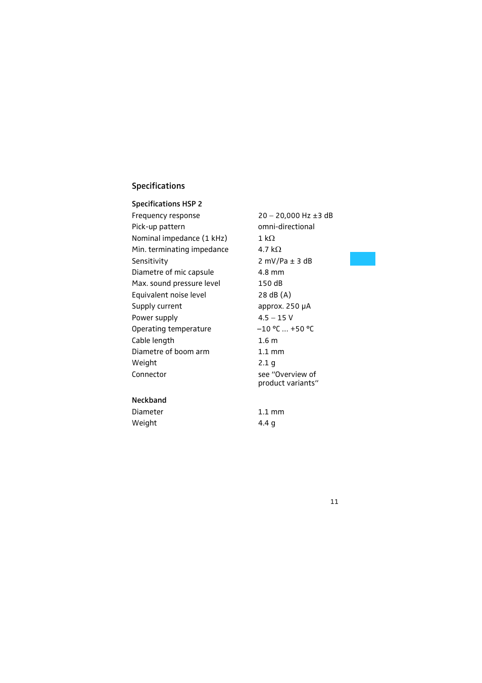 Specifications, Specifications hsp 2, Neckband | Sennheiser HSP 2 User Manual | Page 12 / 17