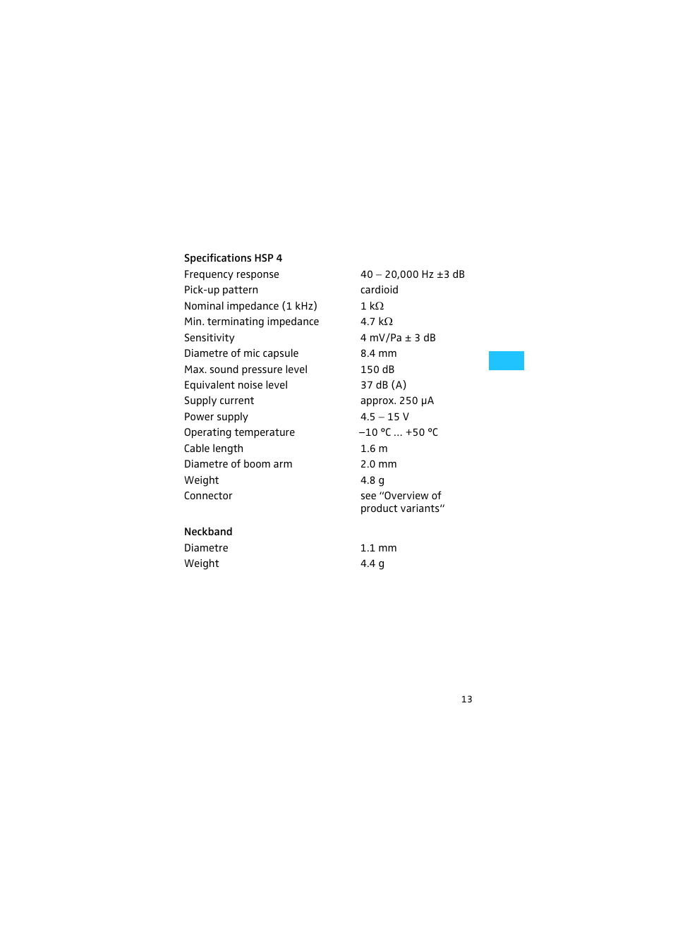 Specifications hsp 4, Neckband | Sennheiser HSP 2 User Manual | Page 14 / 17
