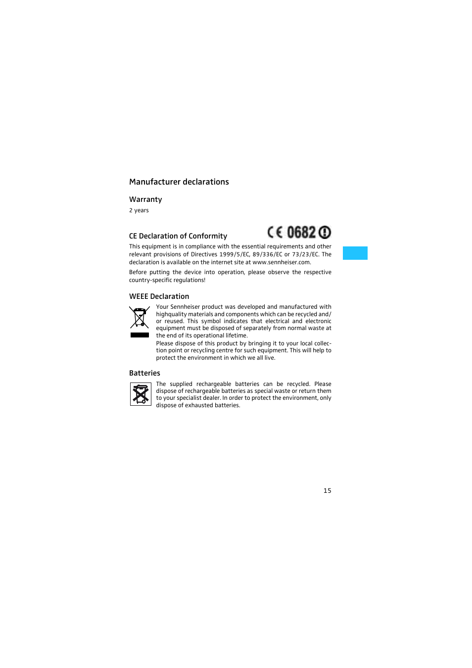 Manufacturer declarations, Warranty, Ce declaration of conformity | Weee declaration, Batteries | Sennheiser HSP 2 User Manual | Page 16 / 17