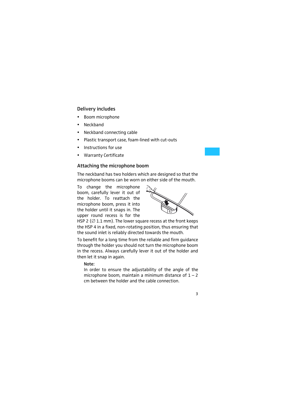 Delivery includes, Attaching the microphone boom | Sennheiser HSP 2 User Manual | Page 4 / 17