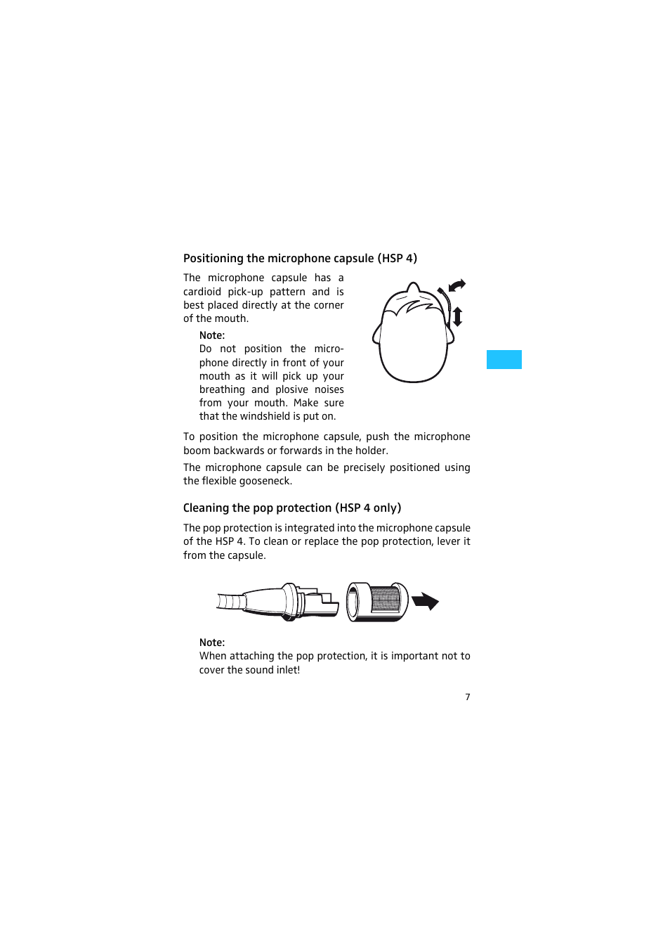 Positioning the microphone capsule (hsp 4), Cleaning the pop protection (hsp 4 only) | Sennheiser HSP 2 User Manual | Page 8 / 17