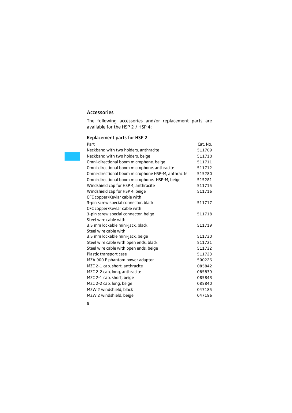 Accessories, Replacement parts for hsp 2 | Sennheiser HSP 2 User Manual | Page 9 / 17