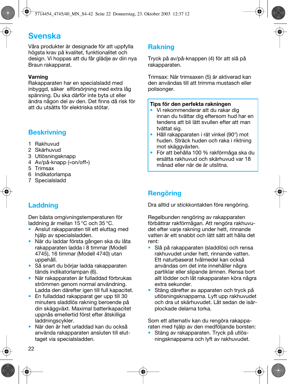 Svenska, Beskrivning, Laddning | Rakning, Rengöring | Braun 4745 Fix300 TriControl User Manual | Page 22 / 42