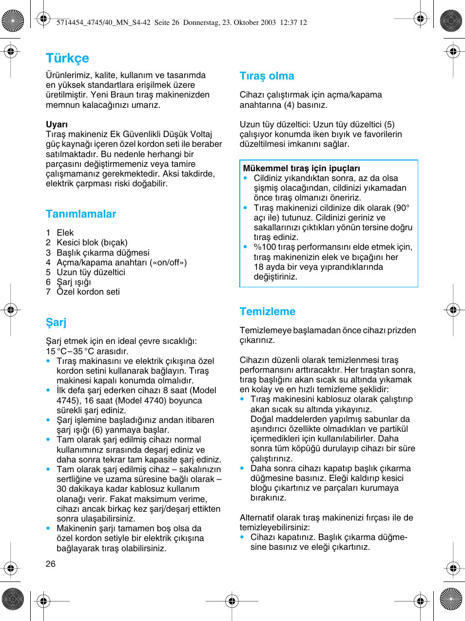 Türkçe, Tan∂mlamalar, Ωarj | T∂raµ olma, Temizleme | Braun 4745 Fix300 TriControl User Manual | Page 26 / 42