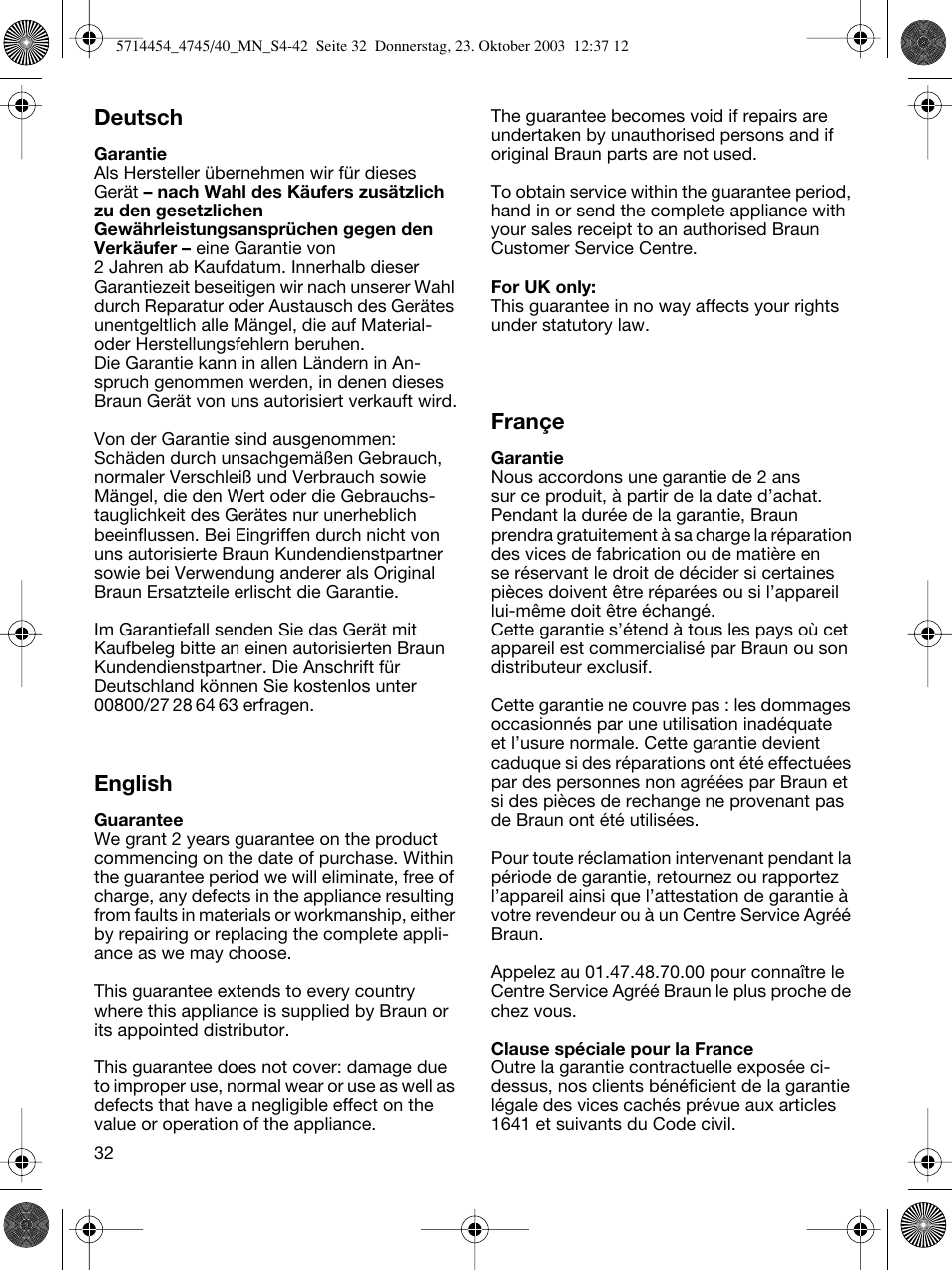 Deutsch, English, Françe | Braun 4745 Fix300 TriControl User Manual | Page 32 / 42