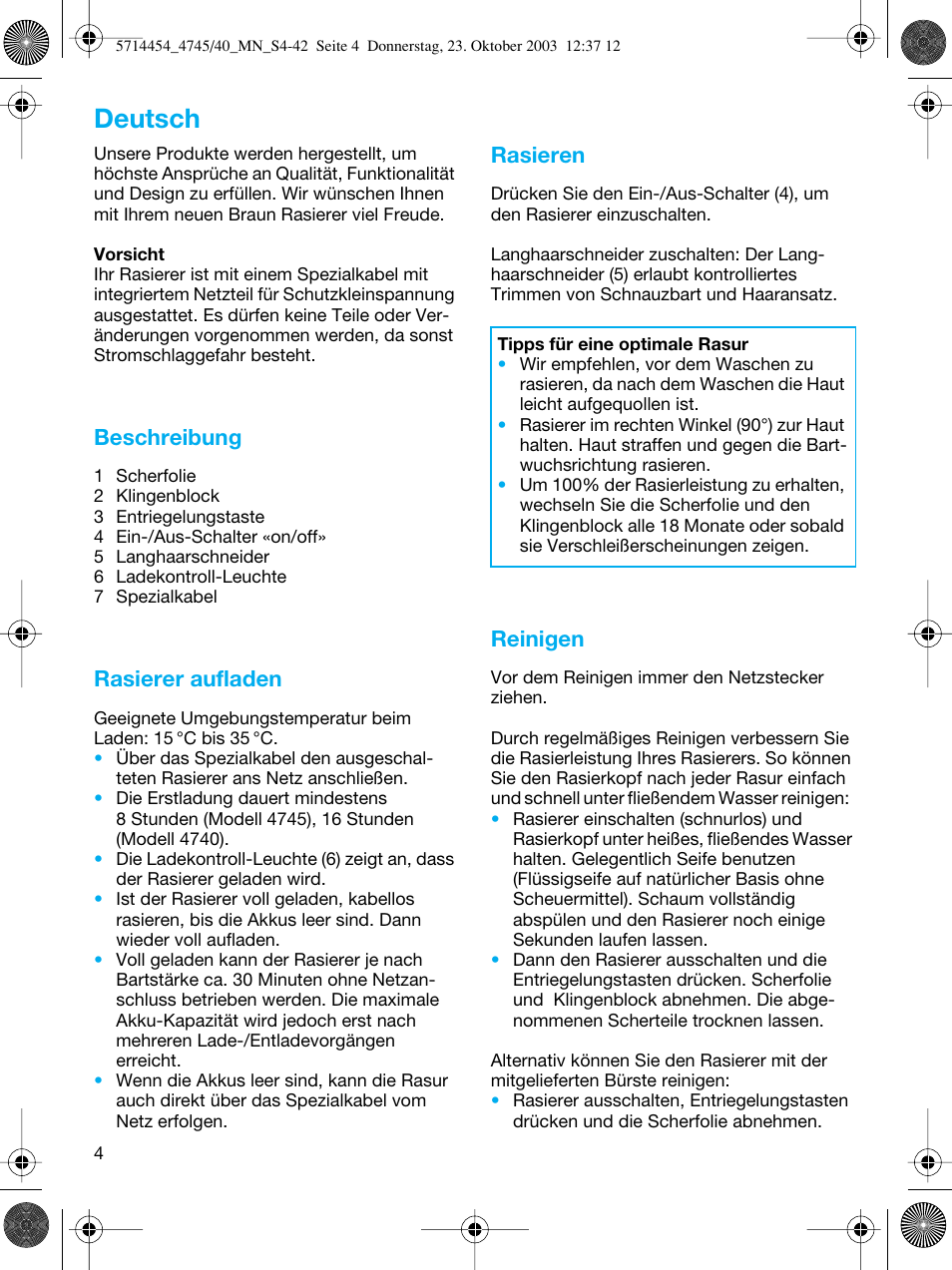 Deutsch, Beschreibung, Rasierer aufladen | Rasieren, Reinigen | Braun 4745 Fix300 TriControl User Manual | Page 4 / 42