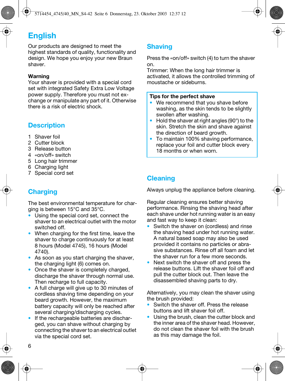 English, Description, Charging | Shaving, Cleaning | Braun 4745 Fix300 TriControl User Manual | Page 6 / 42