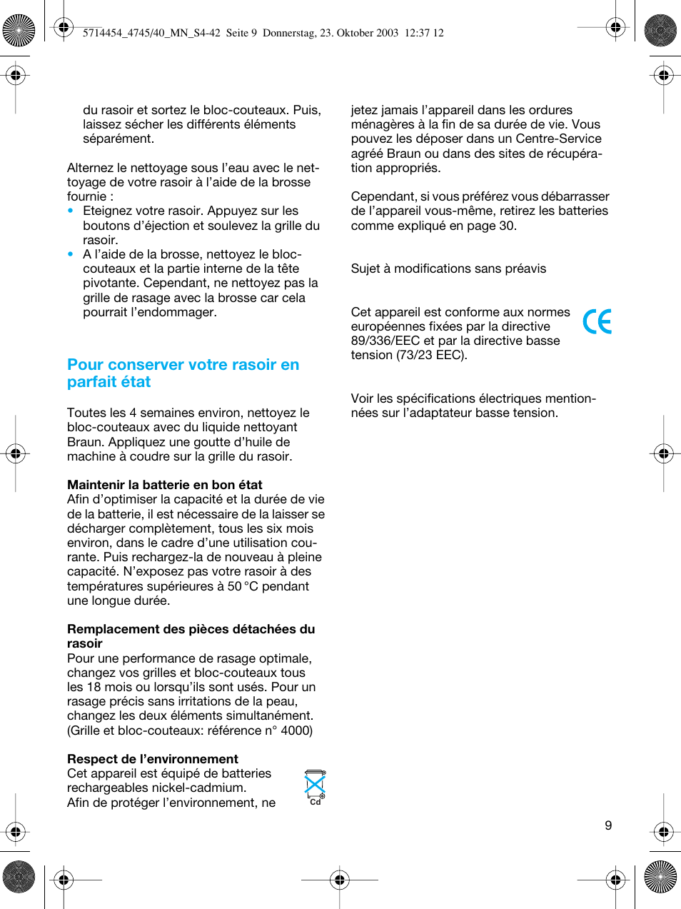 Pour conserver votre rasoir en parfait état | Braun 4745 Fix300 TriControl User Manual | Page 9 / 42