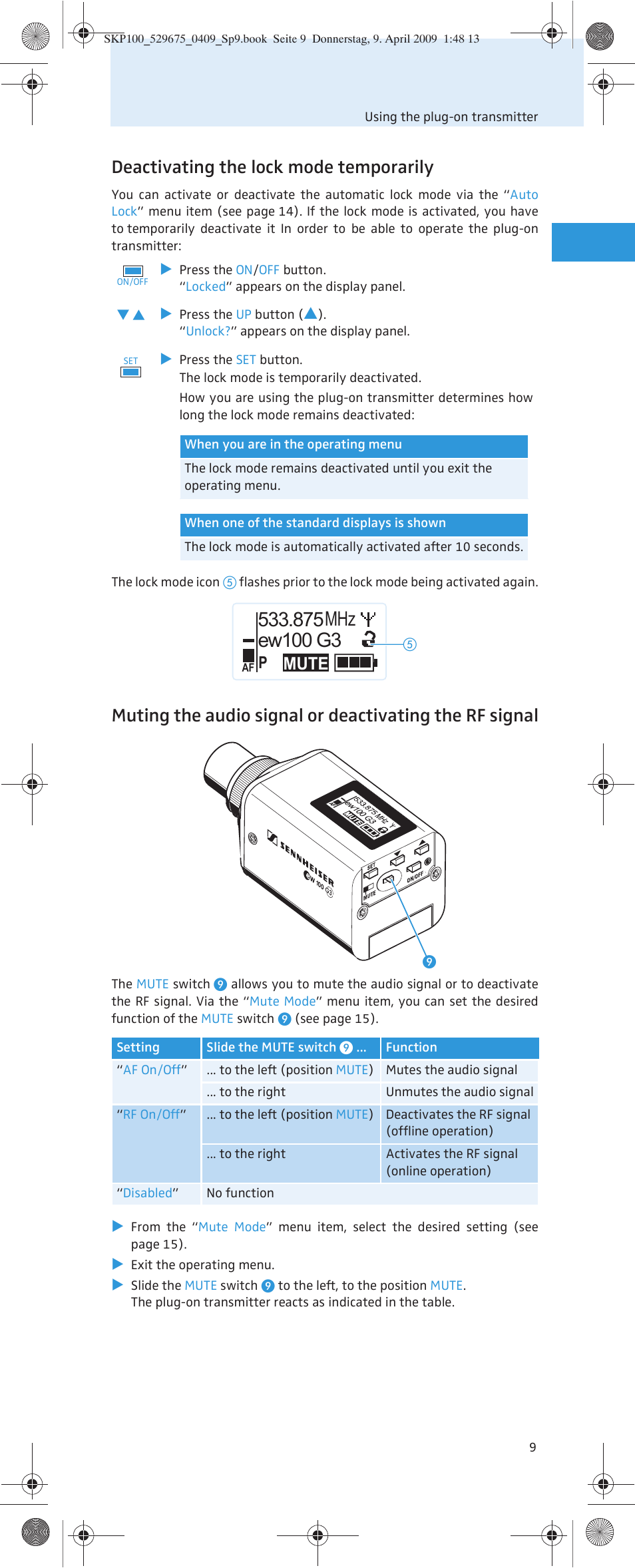 Deactivating the lock mode temporarily, Mute | Sennheiser EVOLUTIONWIRELESS SKP 100 User Manual | Page 10 / 24