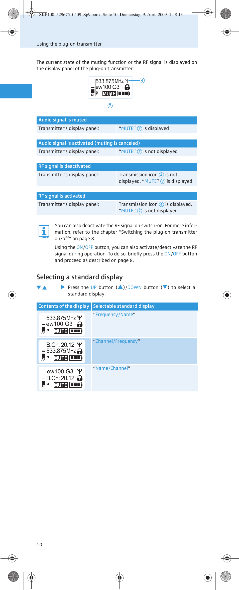 Selecting a standard display, B.ch: 20.12 | Sennheiser EVOLUTIONWIRELESS SKP 100 User Manual | Page 11 / 24
