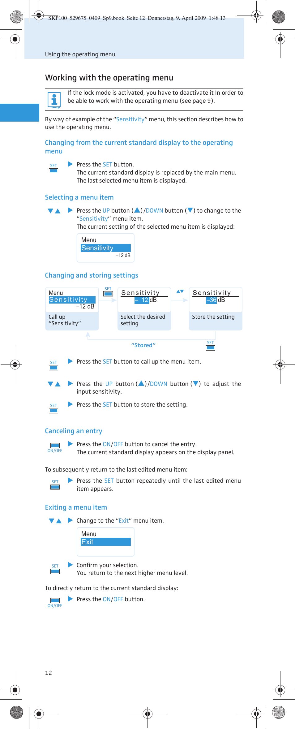 Working with the operating menu | Sennheiser EVOLUTIONWIRELESS SKP 100 User Manual | Page 13 / 24