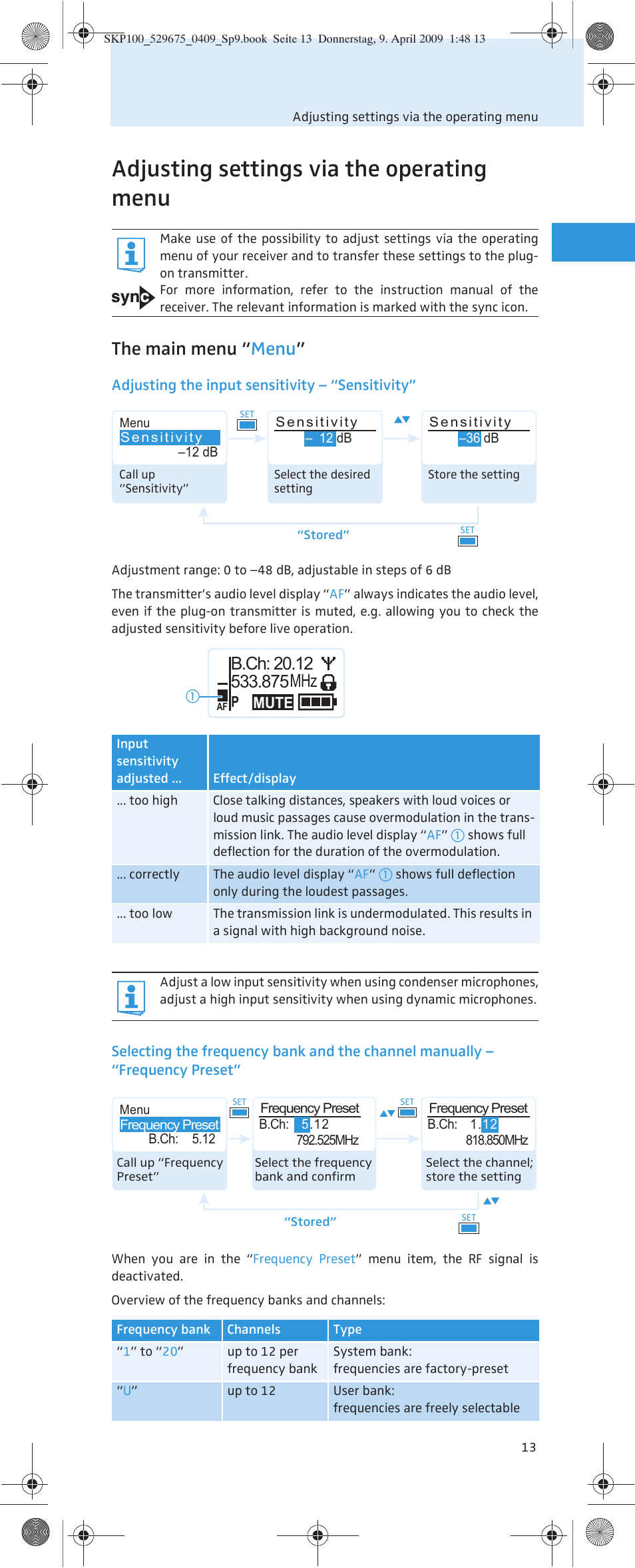 Adjusting settings via the operating menu, The main menu “ menu | Sennheiser EVOLUTIONWIRELESS SKP 100 User Manual | Page 14 / 24