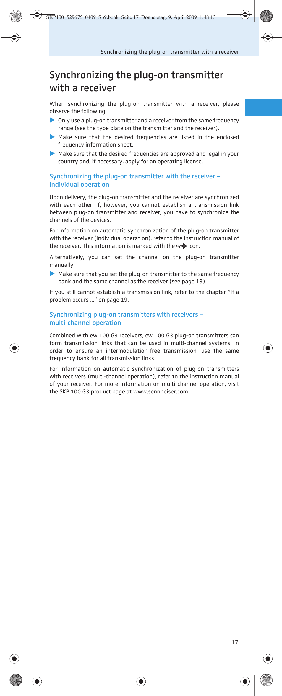 Sennheiser EVOLUTIONWIRELESS SKP 100 User Manual | Page 18 / 24