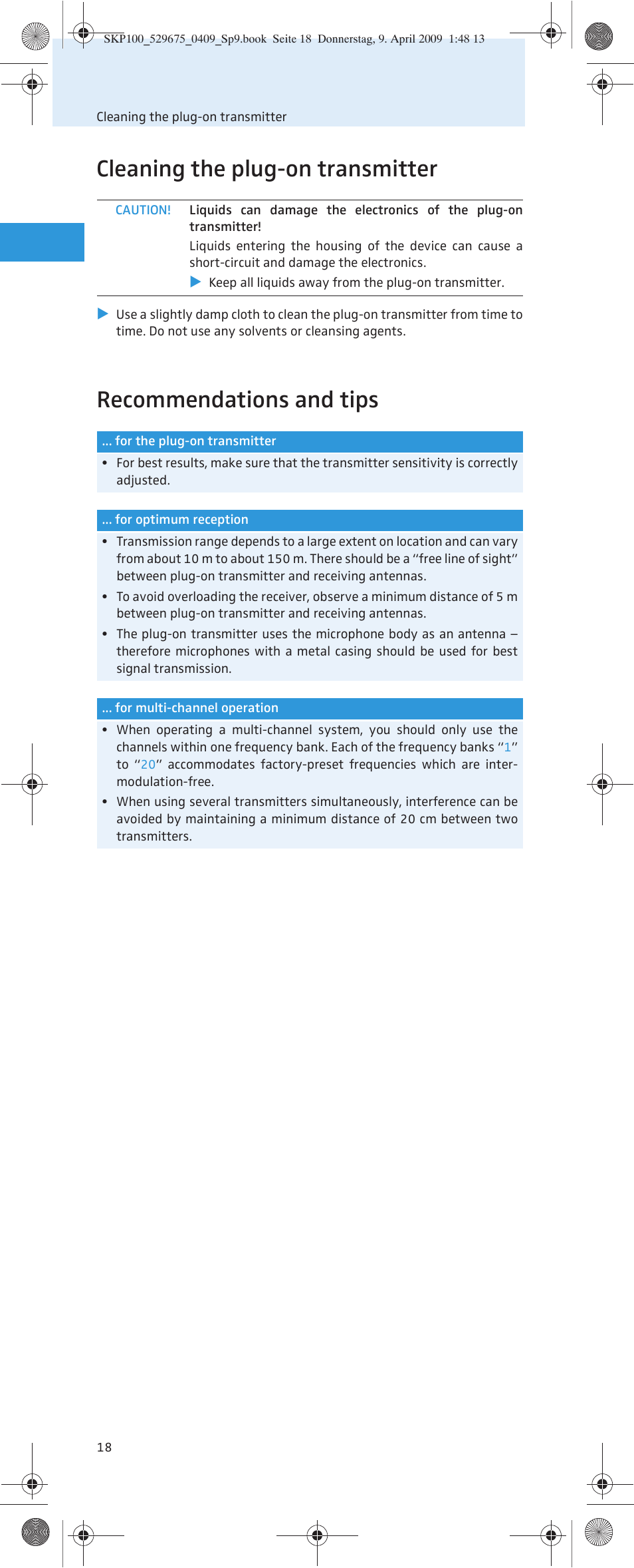 Cleaning the plug-on transmitter, Recommendations and tips | Sennheiser EVOLUTIONWIRELESS SKP 100 User Manual | Page 19 / 24