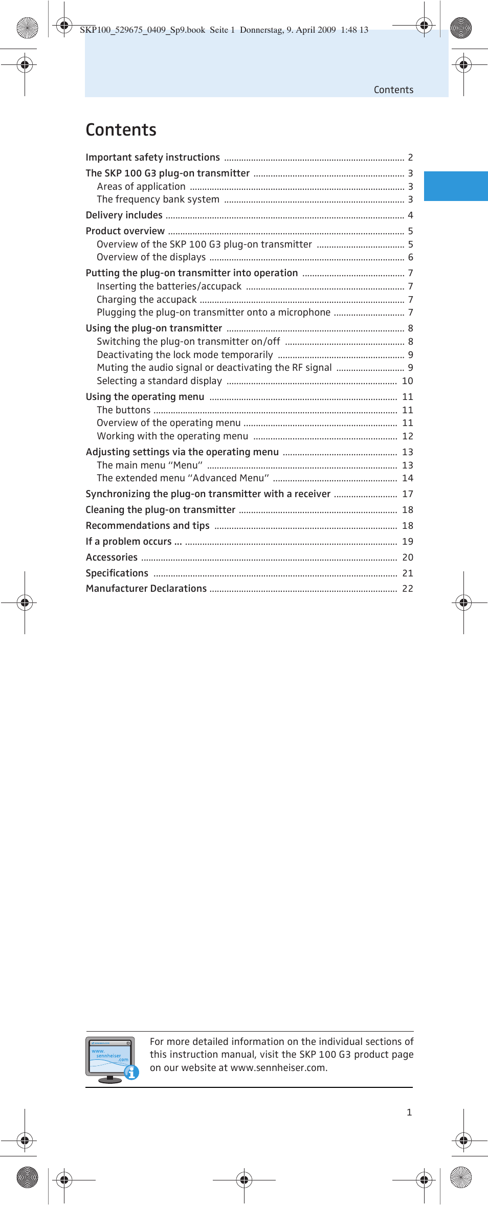 Sennheiser EVOLUTIONWIRELESS SKP 100 User Manual | Page 2 / 24