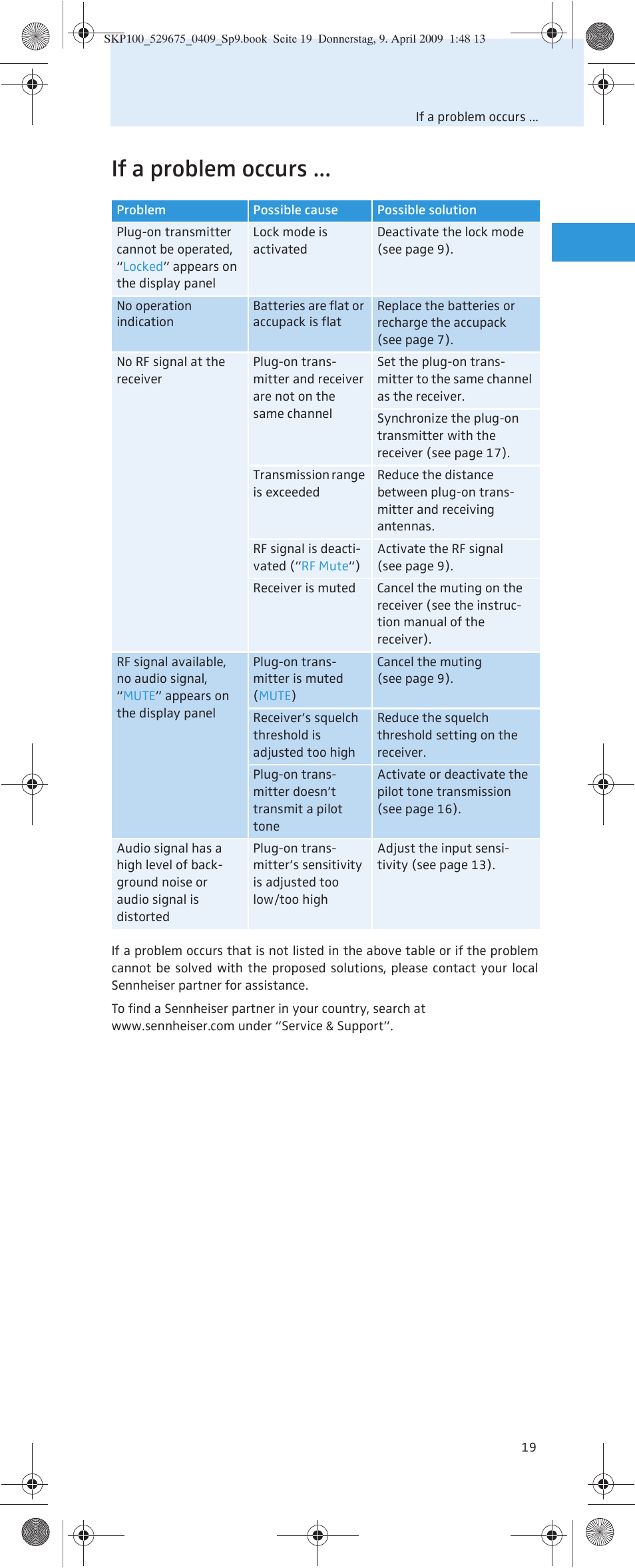If a problem occurs | Sennheiser EVOLUTIONWIRELESS SKP 100 User Manual | Page 20 / 24