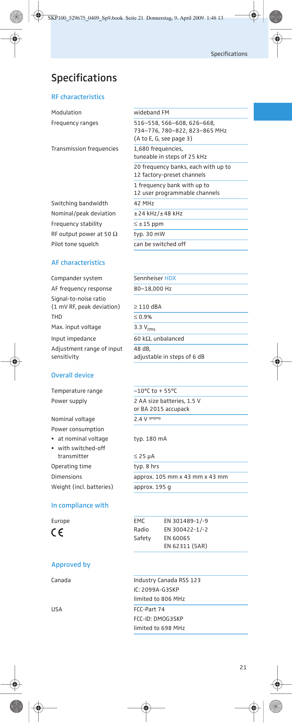 Specifications | Sennheiser EVOLUTIONWIRELESS SKP 100 User Manual | Page 22 / 24