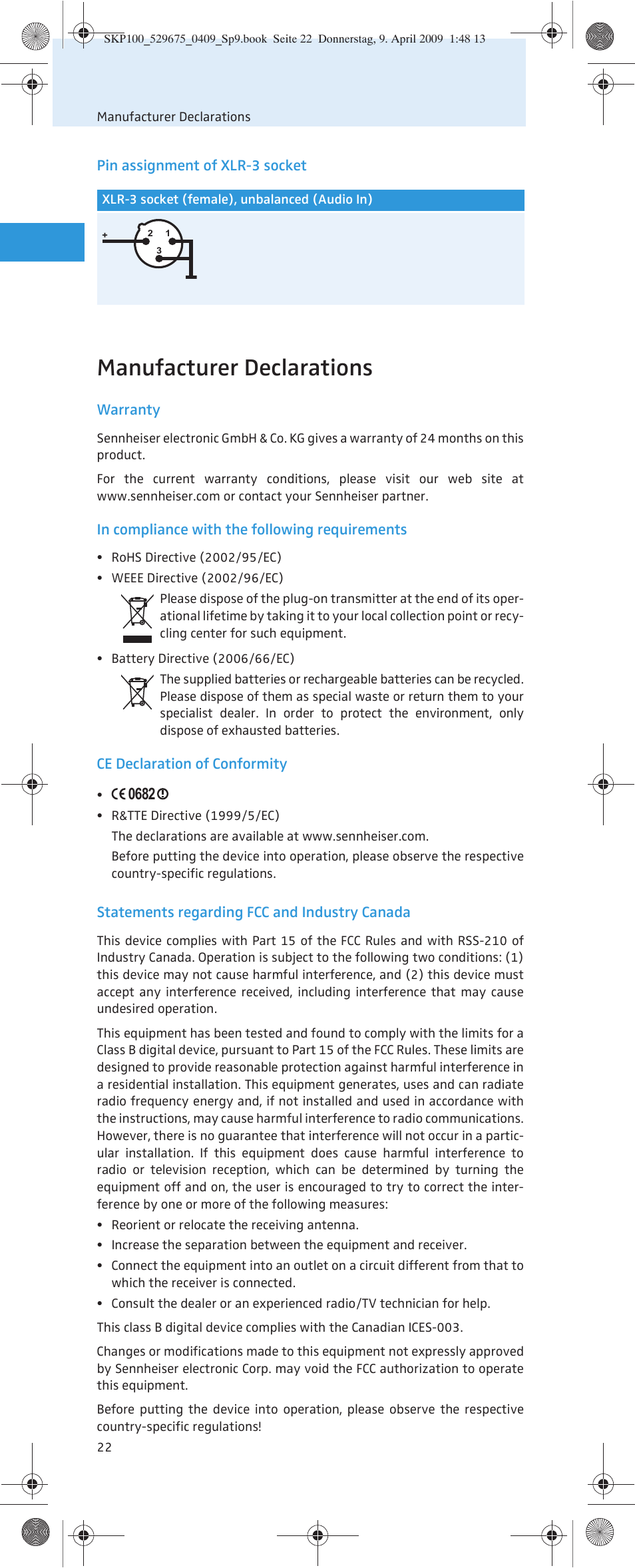 Manufacturer declarations | Sennheiser EVOLUTIONWIRELESS SKP 100 User Manual | Page 23 / 24