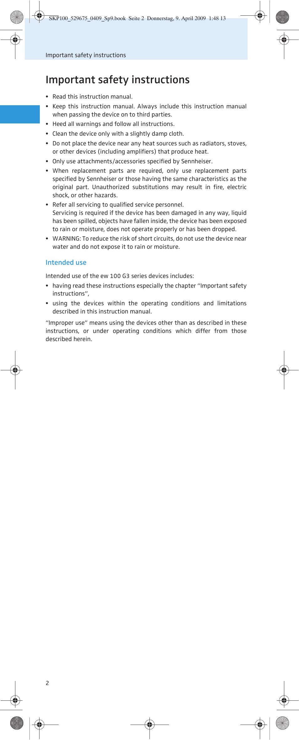 Important safety instructions | Sennheiser EVOLUTIONWIRELESS SKP 100 User Manual | Page 3 / 24